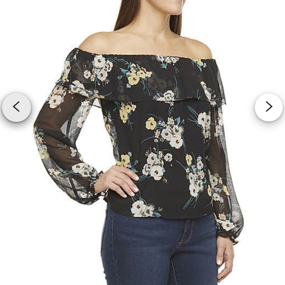 ANA black floral off the shoulders sheer layered women's blouse size 2X guc